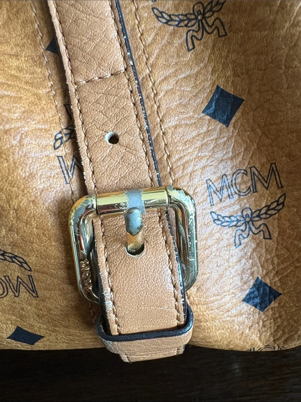 MCM Tan Cognac Logo Visetos Satchel with Gold Hardware